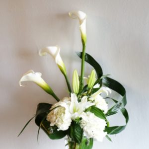 callas hydrangea arrangement with oriental lilies